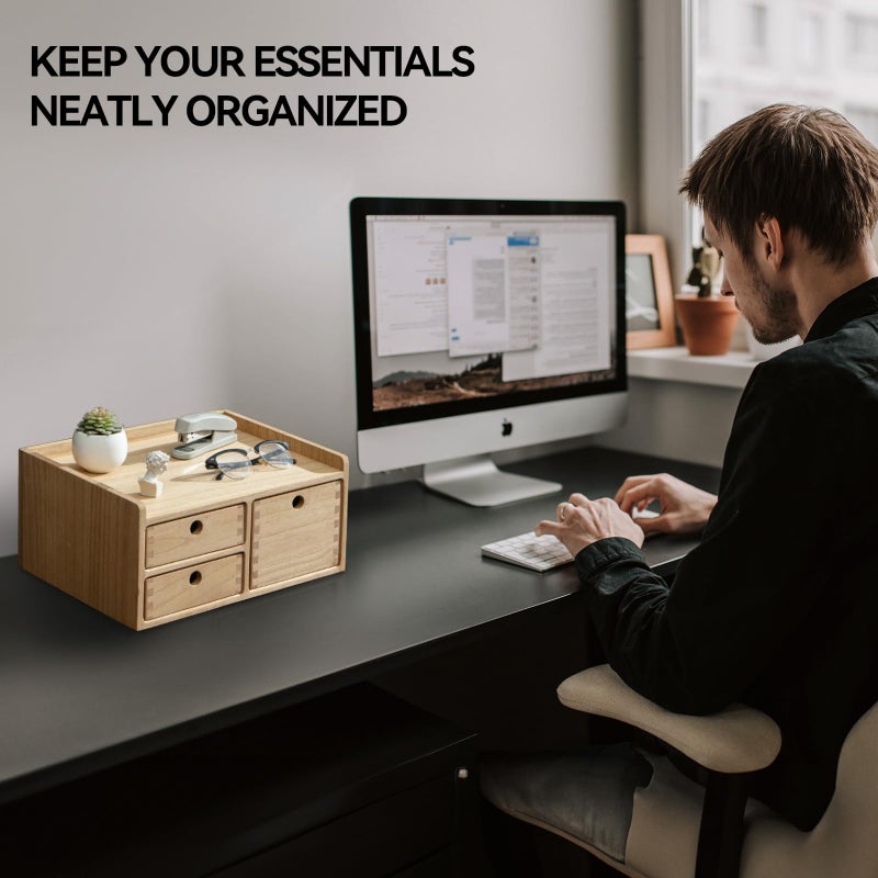 KIRIGEN Desk Organizer with 3 Drawers - Wood Drawer Storage Box with Trays for Tabletop - Workspace Office Toiletries Supplies Tool Caddy - Wooden Storage Cabinet Natural(DT1D3C-NA) - Image 4